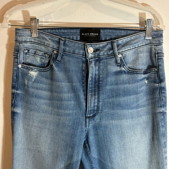 BLACK ORCHID LA Sz 28 MIA Mid-Rise Skinny Flare Mid-Wash Distressed Denim Jeans - Picture 12 of 13